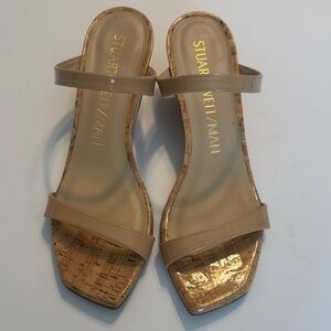 Stuart Weitzman Beige Cork Strap Slide Sandals